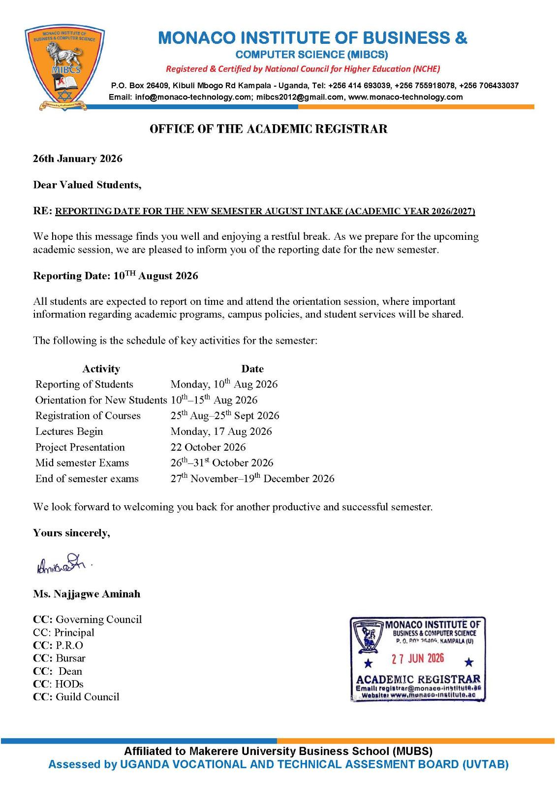 Reporting Date Notice